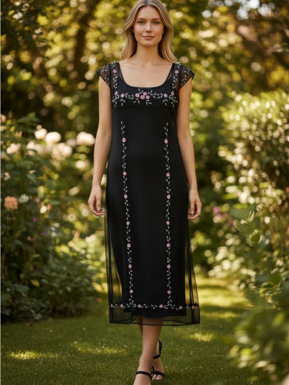 Cache Black Midi Dress with Pink Floral Embroidery Panels